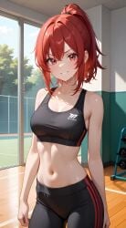 1girls abdomen ai_animated ai_generated belly breasts cleavage determined_expression grok grok_(x) gym_background gym_girl hips looking_at_viewer medium_breasts navel pixai ponytail red_eyes red_hair smiling sports_bra sports_pants sportswear sweat tagme video waist