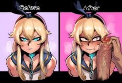1boy 2boys ai_generated black_hairband blonde_hair blue_sailor_collar bustybunz chain collar collarbone crossdressing dirty_cock english_text erection femboy genderswap genderswap_(ftm) hair_between_eyes hairband leash long_hair male_focus male_pubic_hair multiple_boys otoko_no_ko penis penis_on_face pov precum pubic_hair sailor_collar school_uniform serafuku shimakaze-kun smegma smell steam stray_pubic_hair tagme uncensored veins veiny_penis yaoi