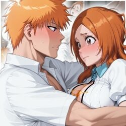 ai_generated bleach bleach:_sennen_kessen-hen bleach:_the_thousand-year_blood_war brown_eyes chest_cutout honey ichigo_kurosaki inoue_orihime large_breasts looking_at_each_other navel orange_hair orihime_inoue