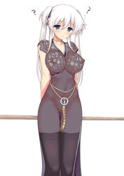 1girls aida_takanobu arms_behind_back belt black_legwear black_thighhighs blue_eyes blush breasts choker dress embarrassed erect_nipples female frown hair_ribbon jewelry large_breasts long_hair mabinogi nao no_bra no_panties quad_tails ribbon see-through short_twintails solo sweatdrop thigh_gap thighhighs thighs tied_hair twintails white_hair