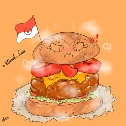 1:1 after_transformation animate_inanimate blush blush_lines burger cross-popping_vein digital_media_(artwork) exclamation_point female flag flag_(object) food food_creature food_transformation gardevoir generation_3_pokemon genitals inanimate_transformation limbless living_burger muzztang nintendo nipples orange_background pokemon pokemon_(species) signature simple_background solo steamed_bun steamed_hams steaming transformation vulva