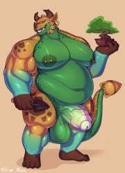 anthro balls belly big_balls big_muscles big_nipples big_pecs big_penis bonsai dragon ear_piercing ear_ring erection foreskin genitals hi_res holding_object horn looking_at_viewer male moobs musclegut muscular muscular_arms muscular_legs muscular_male mythological_creature mythological_scalie mythology navel nipples overweight overweight_male pecs penis piercing plant ring_piercing saggy_balls scalie shovel smile solo spots standing tail tilionmaia tools vein veiny_penis