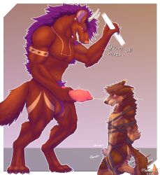 absurd_res animal_genitalia animal_penis anthro artist_name ball_tuft balls bdsm blush bodily_fluids bondage bound brown_body brown_fur canid canine canine_genitalia canine_penis canis chastity_cage chastity_device claws dexthegrump dialogue digitigrade domestic_dog dominant duo ear_piercing ears_back erection facial_hair finger_claws fur gauge_piercing genital_fluids genitals goatee grin hair hi_res horn hyena kneeling knot larger_dom male male/male mammal mane marking_territory onomatopoeia peeing peeing_on_another peeing_on_face penis penis_tip piercing pink_penis pivoted_ears possessive pubes purple_hair purple_mane purple_pubes red_eyes restraints rope rope_bondage rope_harness scent_marking sharp_teeth sheath_cage simple_background size_difference smile sound_effects tail tail_motion tailwag teeth text toe_claws tuft urine urine_on_belly urine_on_chest urine_on_face urine_on_leg urine_stream watersports werecreature werehyena
