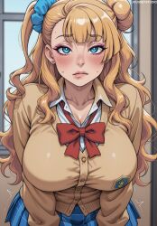 oshiete!_galko-chan galko jousneystudio ai_generated 1girl clothing female uniform breasts solo blue_eyes blush bangs long_hair skirt school_uniform large_breasts one_side_up single_side_bun hair_scrunchie scrunchie cardigan hair_bun blonde_hair gyaru kogal jewelry red_neckwear asymmetrical_hair plaid makeup plaid_skirt thighs earrings looking_at_viewer bow eyeshadow bowtie neckwear shirt stud_earrings hair_ornament red_bow white_shirt blue_skirt pleated_skirt collarbone lips red_bowtie cleavage trembling indoors sweat collared_shirt blue_scrunchie brown_cardigan mascara pink_eyeshadow wavy_hair artist_name closed_mouth long_sleeves yellow_cardigan eyeliner leaning_forward
