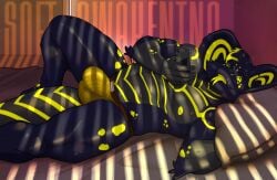 anthro bulge clothing forked_tongue goo_creature hi_res hypnosis jockstrap kody_fryzma male mind_control morning nipples ouroboros_dinamadeus relaxing reptile ringed_eyes scalie snake solo tired tongue tongue_out underwear