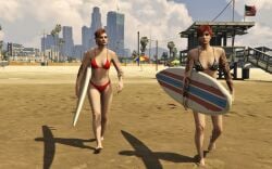 2girls 3d 3dcg absurd_res arm_tattoos artist_request beachside black_bikini brown_hair_female cityscape earrings edited_screencap emotionless emotionless_female expressionless female_only game_mod game_screenshot grand_theft_auto grand_theft_auto_online gta_online_female_character indifference indifferent los_santos navel palm_trees polka_dot_bikini red_bikini rockstar_editor short_hair_female summer surfboard tattoos uncaring uncaring_female
