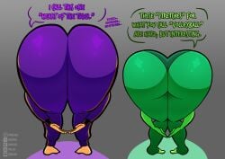 2girls amen_pose ass ass_comparison ass_focus bent_over big_ass bottom_heavy bubble_butt cartoon_network clothing coach_greer crossover dialogue fat_ass female female_only gem_(species) gluteal_fold green_skin huge_ass human large_ass marvel marvel_comics massive_ass moon_girl_and_devil_dinosaur paulhex peridot_(steven_universe) praise_da_booty_(meme) rear_view shortstack steven_universe take_your_pick text thick_ass thick_thighs thunder_thighs wide_hips
