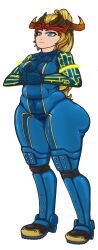 1female 1girl bel_(beltorchika12) beltorchika12 blonde_female blonde_hair blue_bodysuit blue_eyes bodysuit bottom_heavy chubby chubby_female female female_focus female_only forksporks gold_trim headpiece heeled_boots plump sequence steel_toe_boot thick_thighs white_background