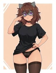 1girl 1girls angry artist_request character_request female lace_panties legwear looking_at_viewer mask miztlihkhe panties solo t-shirt