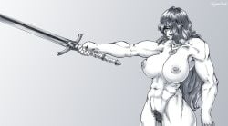 1girl 2d abs amulet athletic athletic_female big_ass big_breasts long_hair loose_hair monochrome muscles nixonison oc pubic_hair scars sword tagme wide_hips