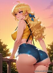 1girl 1girls 2026 ahoge ai_generated anime ass ass_focus ass_grab ass_support bangs bare_shoulders big_ass big_breasts blonde_hair blue_bow blush boobs bow breasts buttocks cleavage closed_mouth covered_nipples crop_top crossover denim denim_shorts earrings female female_focus female_only flushed from_behind hair_bow hand_on_own_ass highres jewelry large_breasts light-skinned_female long_hair looking_back midriff nail_polish neutral_expression nsfw orange_sky outdoors patreon patreon_username purple_eyes railing red_nails rognezart rwby shiny short_shorts shorts sky smile smiling solo sunset suspenders thick_thighs thighs very_long_hair watermark wavy_hair web_address yang_xiao_long yellow_shirt