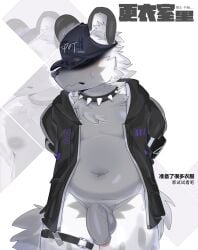 2026 absurd_res anthro arknights balls belly chinese_text claws clothed clothing collar feet flaccid foreskin fur gaddiel55565069 genitals grey_body grey_fur hat headgear headwear hi_res hyena hypergryph looking_at_viewer male mammal navel penis slightly_chubby slightly_chubby_anthro slightly_chubby_male solo spiked_collar spikes spot_(arknights) spotted_hyena studio_montagne text