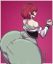 artist_request ass bare_shoulders blush bocchi_the_rock bocchi_the_rock! bottom_heavy bottom_heavy_female female female_only gigantic_ass hiroi_kikuri juice_box looking_at_viewer looking_back massive_ass pink_background red_hair short_hair simple_background smile wide_hips