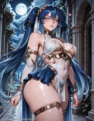 ai_generated backdoorsenpai 1girl multicolored_eyes blue_hair streaked_hair gradient_hair very_long_hair twintails ahoge cowlick medium_breasts hair_belt hair_ornament head_wreath short_dress white_dress tassel gold_trim bare_shoulders gold_bra underboob o-ring_top single_bridal_gauntlet armlet wrist_cuffs blue_skirt showgirl_skirt pelvic_curtain white_panties see-through_clothes thighlet gold_sandals high_heels leg_ribbon white_ribbon tacet_mark_(wuthering_waves) foot_tattoo anklet curvy wide_hips thick_thighs big_ass thighs ass perky_breasts egao naughty_face naugty_eyes alternate_costume blush breasts closed_mouth cowboy_shot heart lips looking_at_viewer sweatdrop iuno_(wuthering_waves) wuthering_waves