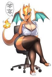 white_background 1girls female female_only solo english_text speech_bubble dialogue office_lady sitting crossed_legs looking_at_viewer thick_thighs big_breasts cleavage lobovalkiria nintendo pokemon charizard generation_1_pokemon pokemon_(species) absurd_res hi_res anthro biped bottomwear breasts chair clothed clothing eyelashes fire flaming_hair furniture heart_symbol membrane_(anatomy) membranous_wings multicolored_body orange_body pseudo_hair pupils smile tail text topwear wings nipple_bulge 2026