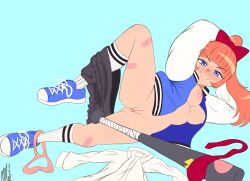 ass bandage blue_eyes bomber_jacket bow breasts exposed_breasts exposed_nipples exposed_pussy kyoko_(kunio-kun) legs legs_spread legs_up mayauprising orange_hair pussy river_city_girls shoes smile sneakers socks vagina