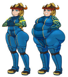 1female 1girl bel_(beltorchika12) beltorchika12 blonde_female blonde_hair blue_bodysuit blue_eyes bodysuit bottom_heavy chubby chubby_female drool female female_focus female_only forksporks gold_trim headpiece heeled_boots overweight overweight_female plump satisfied sequence steel_toe_boot thick_thighs weight_gain white_background