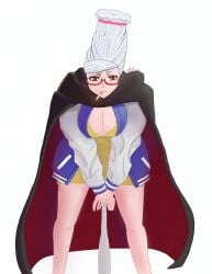 1girl ayase_seiko baseball_bat beehive_hairdo breasts brown_eyes cigarette cleavage dandadan glasses grandmother hehil_art holding_baseball_bat huge_breasts large_breasts looking_at_viewer mature_female metal_baseball_bat red-framed_eyewear semi-rimless_eyewear smoking solo tall_hair thick_thighs thighs under-rim_eyewear white_hair