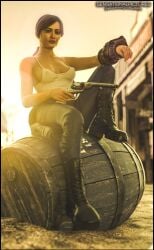 1girls 3d big_breasts breasts cleavage clothing ella_purnell fallout fallout_(tv_series) female female_only firearm footwear gun handgun human lucy_maclean nipples nipples_visible_through_clothing nonsexual pale_skin pip-boy revolver sensationalpictures solo solo_female weapon