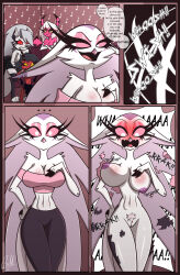 4girls alternate_version big_breasts breasts_out comic completely_nude duplicate gattomultiversal goetia hellhound helluva_boss imp loona_(helluva_boss) millie_(helluva_boss) my_life_with_moxxie_(comic) nude_version page_27 slicing stella_(helluva_boss) succubi tits_out topless_female torn_clothes verosika_mayday_(helluva_boss) vivziepop yelling