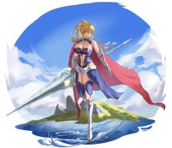 1girls armor armored_boots armored_female armored_gloves artoria_pendragon artoria_pendragon_(fate) artoria_pendragon_(lancer) big_breasts blonde_female blonde_hair breasts cleavage cleavage_cutout cleavage_overflow fate/grand_order fate_(series) female female_knight female_only freed_turing lance light-skinned_female rhongomyniad solo
