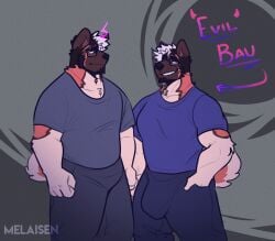 2023 absurd_res akita american_akita anthro arm_tuft artist_name big_bulge blue_bottomwear blue_clothing blue_pants blue_shirt blue_t-shirt blue_topwear bottomwear brown_body brown_ears brown_face brown_fur bulge canid canine canis clone clothing countershade_fur countershading digital_drawing_(artwork) digital_media_(artwork) directional_arrow domestic_dog duo elbow_tuft english_description english_text facial_hair fur goatee grin hair hand_in_pocket hi_res imminent_selfcest invalid_tag looking_at_another male mammal melaisen mouth_closed multicolored_body multicolored_fur multicolored_text orange_body orange_fur orange_tail pants pink_hair pockets portrait purple_text shirt smile spitz standing t-shirt tail tan_body tan_countershading tan_fur text three-quarter_portrait topwear tuft wavy_mouth