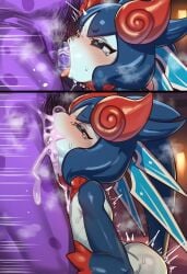 1girl absurdres black_eyes blizana blue_hair blush breasts colored_skin deepthroat ebora fellatio hetero highres ice_hair koonago long_hair mini_person nude nyanko_daisensou oral penis purple_skin small_breasts snowflake_pupils tearing_up the_battle_cats tongue tongue_out uncensored white_skin zombie