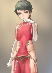 1boy arm_at_side ass_visible_through_thighs bare_shoulders china_dress chinese_clothes clothing_cutout commentary_request covered_navel covered_nipples cowboy_shot crossdressing crossdressing_(mtf) dress elbow_gloves english_commentary finger_to_mouth floral_print floral_print_dress from_below gloves gold_panties gold_trim gradient_background green_eyes green_hair hakuyagen hakuyagen_(yoronbi) hand_up highres male_focus mandarin_collar mixed-language_commentary open_mouth original penis penis_peek print_dress pubic_cutout revealing_clothes see-through_clothes see-through_dress short_hair side_cutout sleeveless sleeveless_dress solo standing swept_bangs white_gloves yo_chinaka_(hakuyagen)