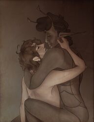 nonsexual_nudity ambiguous_gender alien alien_humanoid bug_alien earrings color shaded sepia long_hair open_mouth half-closed_eyes closed_eyes embrace gay t4t cuntboy futanari trans_man trans_woman jadyn_o'braonain dmitri_mikhailovich leonardoeatscarrots(artist) letstryartemy(artist) tagme