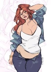 atom_eve belly belly_button big_breasts breasts chubby chubby_female cleavage exposed_midriff exposed_shoulders fat fat_belly fat_female ginger ginger_female ginger_hair hand_in_hair hand_on_head hot hourglass_figure hourglass_figured_female invincible jacket jacket_off_shoulders jeans large_breasts lipstick love_handles mar3via messy_hair midriff navel official_alternate_costume orange_hair pink_lipstick samantha_eve_wilkins sexy sexy_body sexy_female sexy_pose shoulders spaghetti_strap tank_top thick thick_hips thick_thighs unbuttoned unbuttoned_jeans unbuttoned_pants white_tank_top wide_hips