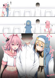 3boys astolfo_(fate) bathroom blonde_hair blue_eyes bridget bridget_(guilty_gear) comparing comparing_penis crossdressing cute_fang fate/grand_order fate_(series) femboy femboydom feminine_male guilty_gear humiliation kitajima_yuuki looking_at_penis male male_only midriff multiple_males non-nude otoko_no_ko penis pink_eyes pink_hair public_restroom sadistic_wanko school_uniform small_penis_humiliation smug submissive_male toilet trap urinal urinal_peeking
