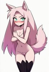 cookie-girl ai_generated furry furry_female female_only covering_breasts shy blush blushing blushing_at_viewer green_eyes pink_hair pink_ears animal_ears furry_pussy pink_tail wolf_tail wolf_ears wolf_girl black_thighhighs thighhighs long_hair naked nude_female nude
