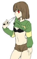 artist_request biting_clothes black_bra chara lifting_shirt presenting solo solo_female solo_focus undertale