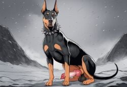 cookie-girl ai_generated feral feral_only solo_male male_only dog canine canine_penis dobermann brown_eyes scar_on_face scar_across_eye scar spiked_collar snow snowing detailed_background sketch realistic realistic_anatomy anatomically_correct anatomically_correct_penis sitting knotted_penis ballsack