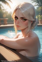 belliora ai_generated cd_projekt_red the_witcher_(series) the_witcher_3:_wild_hunt ciri white_hair green_eyes mascara scar female light_skin light-skinned_female solo solo_female nude completely_nude breasts bathing bath swimming_pool wet_body armpits looking_at_viewer 1girls