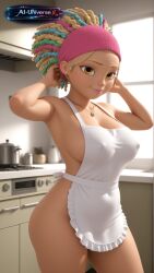 mylene_harpriel miraculous_ladybug miraculous:_tales_of_ladybug_and_cat_noir colored_hair blonde_hair necklace apron kitchen big_breasts cleavage covered_nipples nude yellow_eyes curvy stable_diffusion ai_generated aiuniverse56