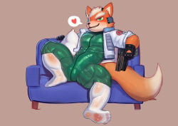 2026 3_fingers 4_toes abs absurd_res anthro backless_gloves biped black_clothing black_gloves black_handwear black_nose blush bodysuit breath bulge canid canine cheek_tuft closed_smile clothed clothed_anthro clothed_male clothing cydonia_xia detailed_bulge digital_media_(artwork) dipstick_tail facial_tuft fangs feet fingers footwear fox fox_mccloud fur furniture genital_outline glistening glistening_bodysuit glistening_clothing glistening_eyes glistening_skinsuit gloves green_bodysuit green_clothing green_eyes green_skinsuit gun handgun handwear heart_symbol hi_res holding_gun holding_handgun holding_object holding_pistol holding_ranged_weapon holding_weapon jacket latex latex_bodysuit latex_clothing latex_skinsuit looking_at_viewer male male_anthro mammal markings mouth_closed multicolored_body multicolored_fur multicolored_tail muscular muscular_anthro muscular_male musk musk_cloud nintendo on_sofa open_clothing open_jacket open_topwear orange_body orange_fur pecs penis_outline pillow pistol ranged_weapon simple_background sitting sitting_on_sofa skinsuit smile smiling_at_viewer socks sofa solo speech_bubble star_fox tail tail_markings tan_body tan_fur tan_tail tan_tail_tip teeth tight_clothing toes topwear translucent translucent_clothing translucent_footwear translucent_socks tuft two_tone_body two_tone_fur weapon white_clothing white_footwear white_jacket white_pillow white_socks white_topwear