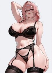 1girl ai_generated areola_slip arm_behind_head arm_up bangs bare_shoulders black_bra black_g-string black_lingerie black_panties black_stockings black_thighhighs blush bra braid breasts cleavage collarbone cowboy_shot curvy earrings g-string garter_belt glasses highleg jewelry lace_bra lace_trim large_breasts lingerie lips long_hair looking_at_viewer navel panties pink_eyes pink_hair sakaro simple_background skindentation solo stockings thick_thighs thighhighs thighs tsukishiro_yanagi underwear zenless_zone_zero