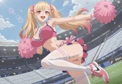 sono_bisque_doll_wa_koi_wo_suru my_dress_up_darling kitagawa_marin ai_generated blonde_hair pink_tips colored_tips long_hair pink_eyes hourglass_figure young_female big_breasts twintails choker stadium public cheerleader cheerleader_uniform cheerleader_outfit pompoms busty cleavage midriff short_skirt miniskirt garter_straps garter_belt stockings thighhighs sneakers posing posing_for_the_viewer football_field soccer_field wristband bows earrings jewelry upskirt meowlucy