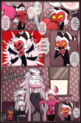 4girls between_breasts breasts_out comic gattomultiversal goetia hellhound helluva_boss imp loona_(helluva_boss) millie_(helluva_boss) moxxie_(helluva_boss) my_life_with_moxxie_(comic) page_24 stella_(helluva_boss) succubi tits_out topless_female verosika_mayday_(helluva_boss) vivziepop yelling