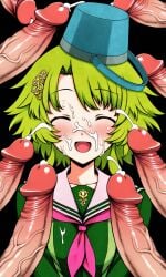 kanna_kizuchi your_turn_to_die kimi_ga_shine ai_generated green_hair bucket_hat hair_ornament school_uniform serafuku 1girl closed_eyes smiling innocent_expression multiple_penises big_penis veiny_penis petite_female teenage_girl cum_on_face cumming_on_face facial