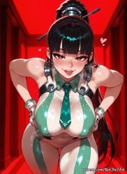 1girl 2026 ai_generated anime bangs bare_shoulders black_hair blunt_bangs blush bodysuit boobs breasts brown_eyes cleavage covered_navel covered_nipples crossover eve_(stellar_blade) eye_contact female female_focus flushed gloves hair_accessory hair_ornament hands_on_hips handwear heart heart-shaped_pupils highres huge_breasts large_breasts leaning_forward long_hair looking_at_viewer moaning necktie nsfw open_mouth patreon ponytail rognezart shift_up skin_tight smile smiling solo stellar_blade symbol-shaped_pupils tongue tongue_out very_long_hair white_gloves