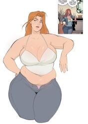 2d 2d_(artwork) atom_eve bare_arms bare_shoulders bbw belly belly_button big_breasts breasts busty busty_female casual chubby chubby_female exposed_midriff fat fat_belly fat_female female female_only ginger ginger_female ginger_hair hot huge_breasts invincible invincible_(comics) jeans large_breasts love_handles midriff momochi_ya orange_hair panties_peek panty_peek pink_panties reference_image samantha_eve_wilkins sexy sexy_body solo solo_female spaghetti_strap tank_top thick thick_hips thick_legs thick_thighs tummy unbuttoned unbuttoned_jeans unbuttoned_pants underwear_peek white_tank_top wide_hips