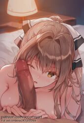 1boy 1girl 2026 ai_generated amagi_brilliant_park antenna_hair bed bedroom blush bow breasts brown_eyes brown_hair cocomiyart completely_nude dark-skinned_male dark_skin desk_lamp erection hair_between_eyes hair_bow hair_intakes hetero highres imminent_fellatio indoors lamp large_breasts long_hair looking_at_viewer nipples nsfw nude on_bed one_eye_closed open_mouth penis penis_on_face ponytail pov sento_isuzu sidelocks solo_focus uncensored white_bow