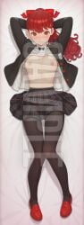 1girls ai_generated arms_up blush breasts clothed clothing dakimakura embarrassed female full_body hi_res high_resolution highres lying lying_on_back nipples patreon red_eyes red_hair sleeplessnighty solo solo_focus sumire_yoshizawa tagme watermark