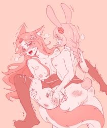 2girls absurdres animal_ears artist_request bite_mark commission commissioner_upload fingering fox_ears fox_tail heavy_breathing highres multiple_girls non-web_source oc_x_canon original pussy_juice rabbit_ears rabbit_tail sakura_dungeon spread_legs sweat tail tongue tongue_out topless_female trembling yomi_(sakura_dungeon) yuri