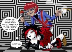 1boy 1girls ambiguous_penetration argent_(dc) black_lips breasts british cockney dc dcau dialogue doggy_style female goth goth_girl leaking_pussy mad_mod red_eyes straight_hair tea teen_titans text_bubble union_jack wet_pussy zone