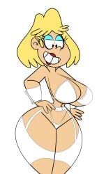 1girls bare_shoulders belly_button bikini blonde_female blonde_hair blue_eyeshadow breasts cleavage earrings female female_focus female_only gothboi large_breasts light-skinned_female light_skin lipstick looking_down milf navel nickelodeon nickelodeon_animation_studio nicktoons panties rita_loud short_hair simple_background smile solo solo_female solo_focus the_loud_house thick thick_thighs white_background white_bikini white_panties