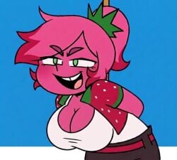 mundo_torajo margo_(mundo_torajo) edit self_upload edited edited_screencap screenshot_edit huge_breasts big_breasts huge_tits tits breasts hanging_breasts cleavage smug naughty_face bending_forward tagme fruit_humanoid strawberry_hair_ornament tied_hair pink_hair pink_body slightly_chubby chubby_female slightly_chubby_female