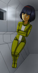 1girls bondage bound bound_legs female female_only femsub fully_clothed futuristic lpintol straitjacket zero_gravity